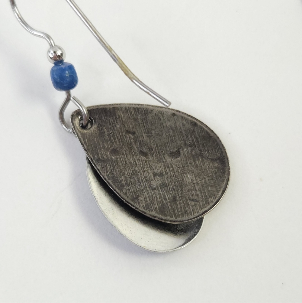 Silver Etched Floral & Metallic Blue Swirl Layered Dangle Earrings - Picture 9 of 10